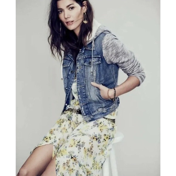 Free People Jean Denim Hooded Jacket blue gray size large
